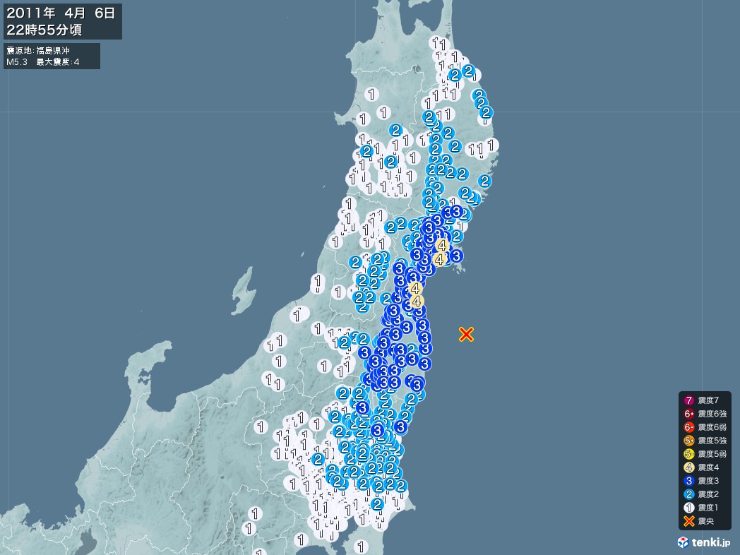 地震情報 2011年04月06日 22時55分頃発生 最大震度：4 震源地：福島県沖(拡大画像)