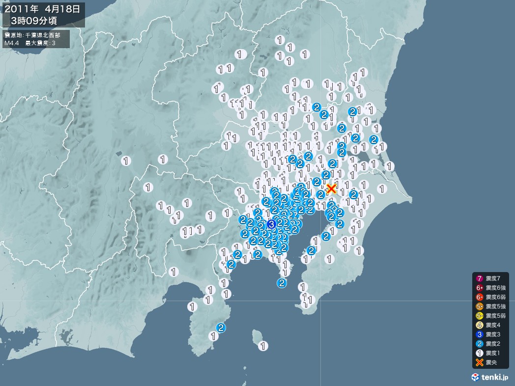 地震情報 2011年04月18日 03時09分頃発生 最大震度：3 震源地：千葉県北西部(拡大画像)
