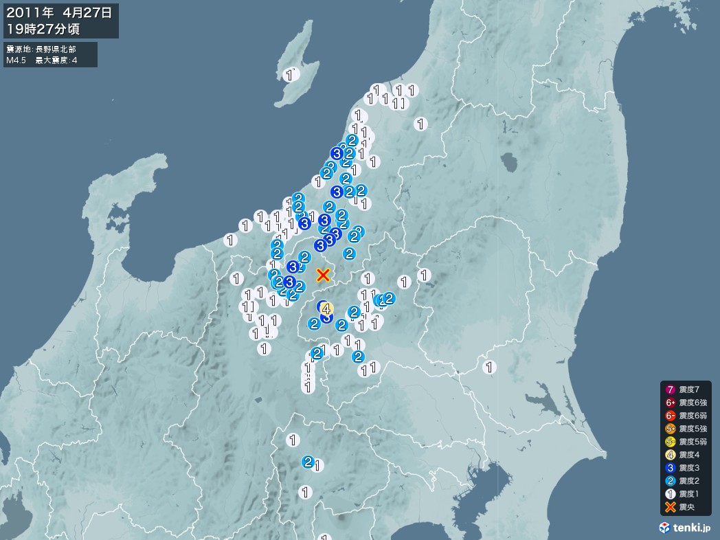 地震情報 2011年04月27日 19時27分頃発生 最大震度：4 震源地：長野県北部(拡大画像)