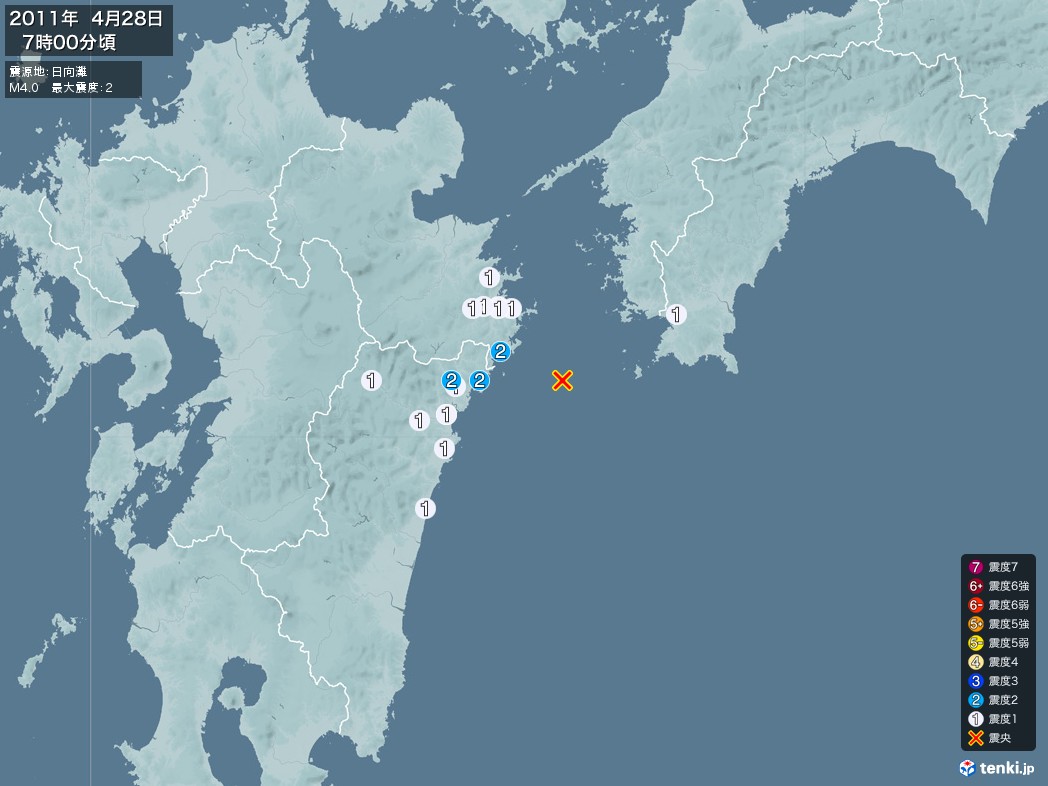 地震情報 2011年04月28日 07時00分頃発生 最大震度：2 震源地：日向灘(拡大画像)