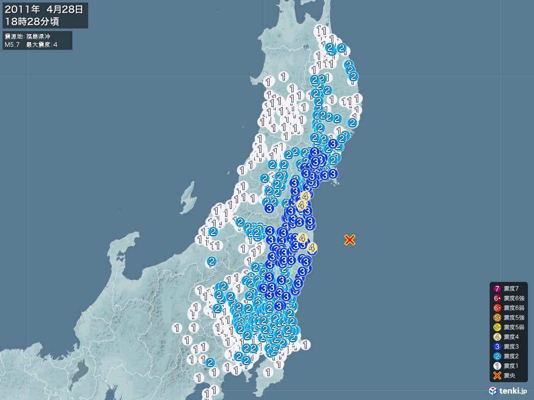地震情報 2011年04月28日 18時28分頃発生 最大震度：4 震源地：福島県沖(拡大画像)