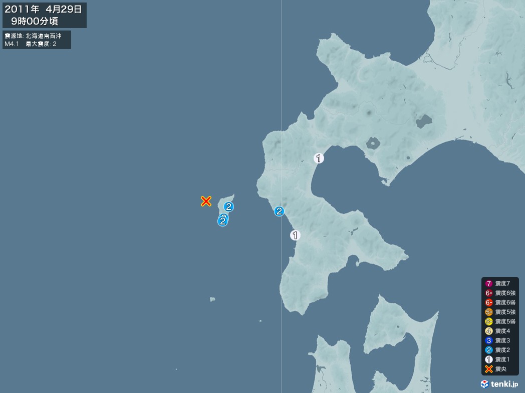 地震情報 2011年04月29日 09時00分頃発生 最大震度：2 震源地：北海道南西沖(拡大画像)