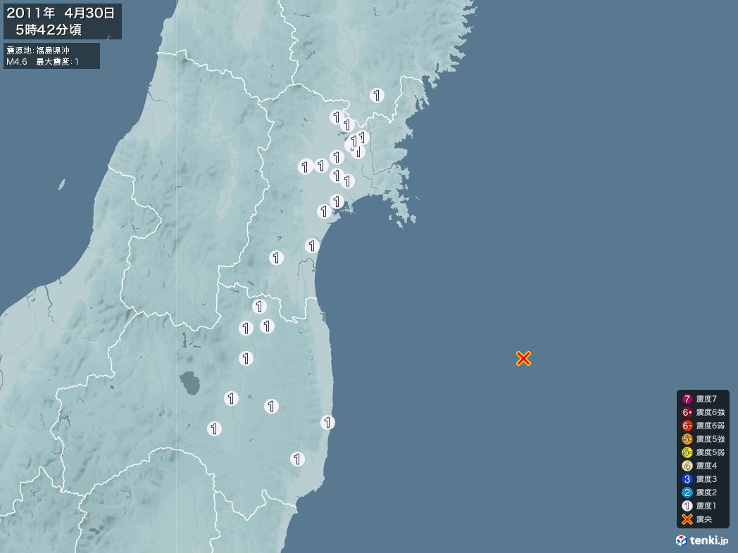 地震情報 2011年04月30日 05時42分頃発生 最大震度：1 震源地：福島県沖(拡大画像)