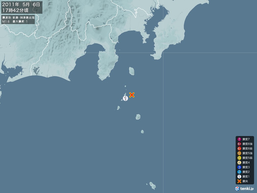 地震情報 2011年05月06日 17時42分頃発生 最大震度：1 震源地：新島・神津島近海(拡大画像)