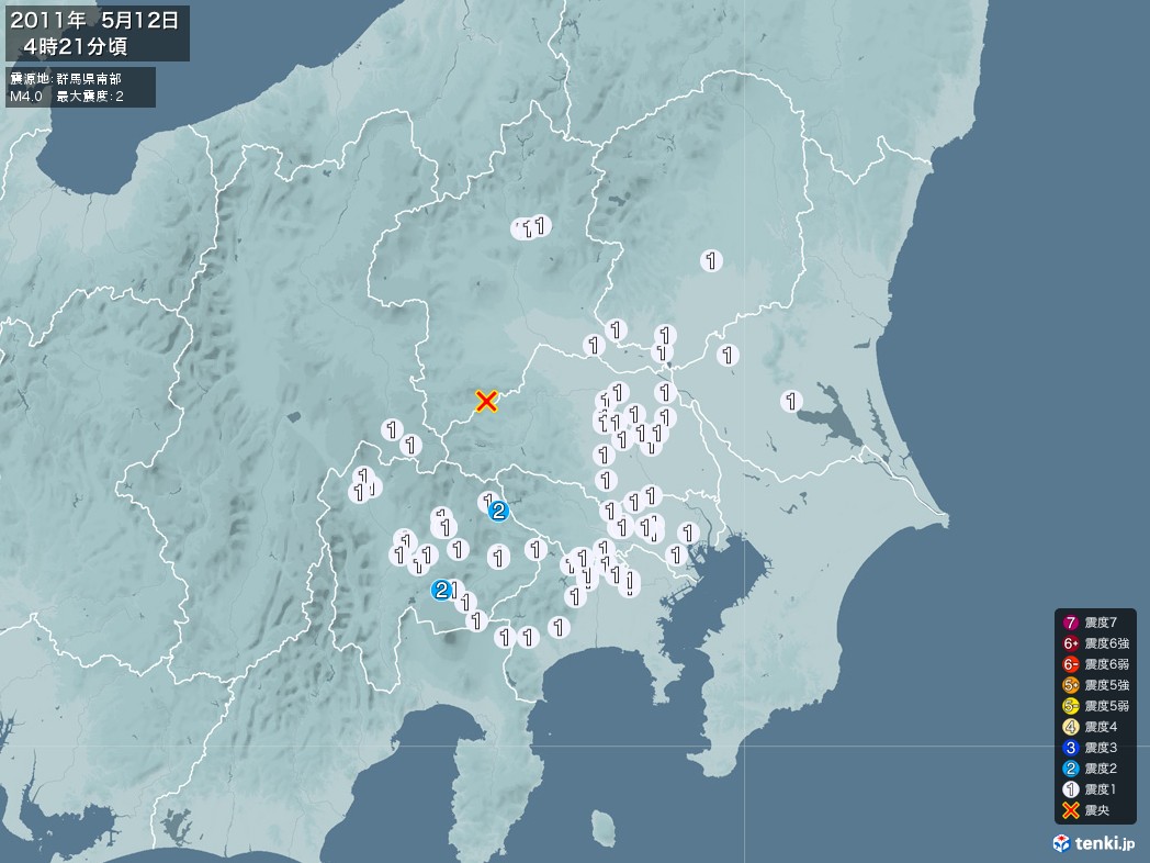 地震情報 2011年05月12日 04時21分頃発生 最大震度：2 震源地：群馬県南部(拡大画像)