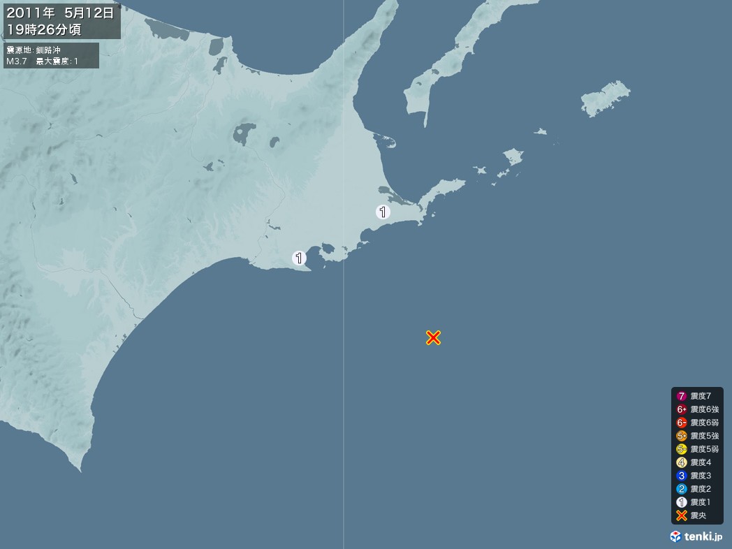 地震情報 2011年05月12日 19時26分頃発生 最大震度：1 震源地：釧路沖(拡大画像)