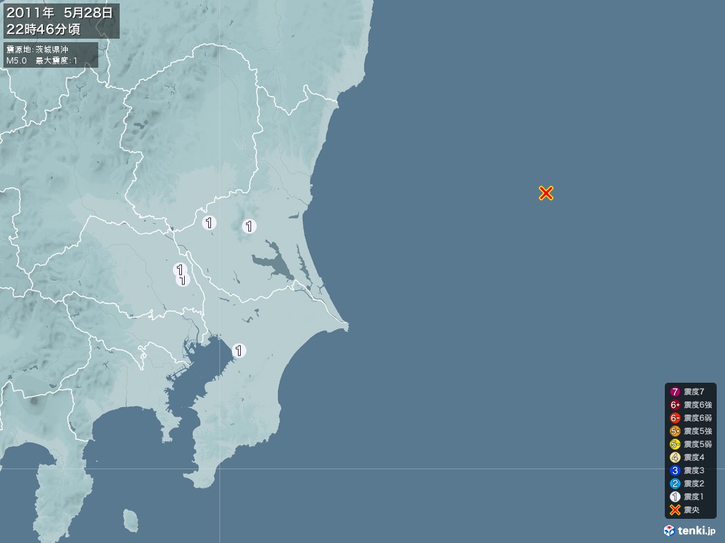 地震情報 2011年05月28日 22時46分頃発生 最大震度：1 震源地：茨城県沖(拡大画像)
