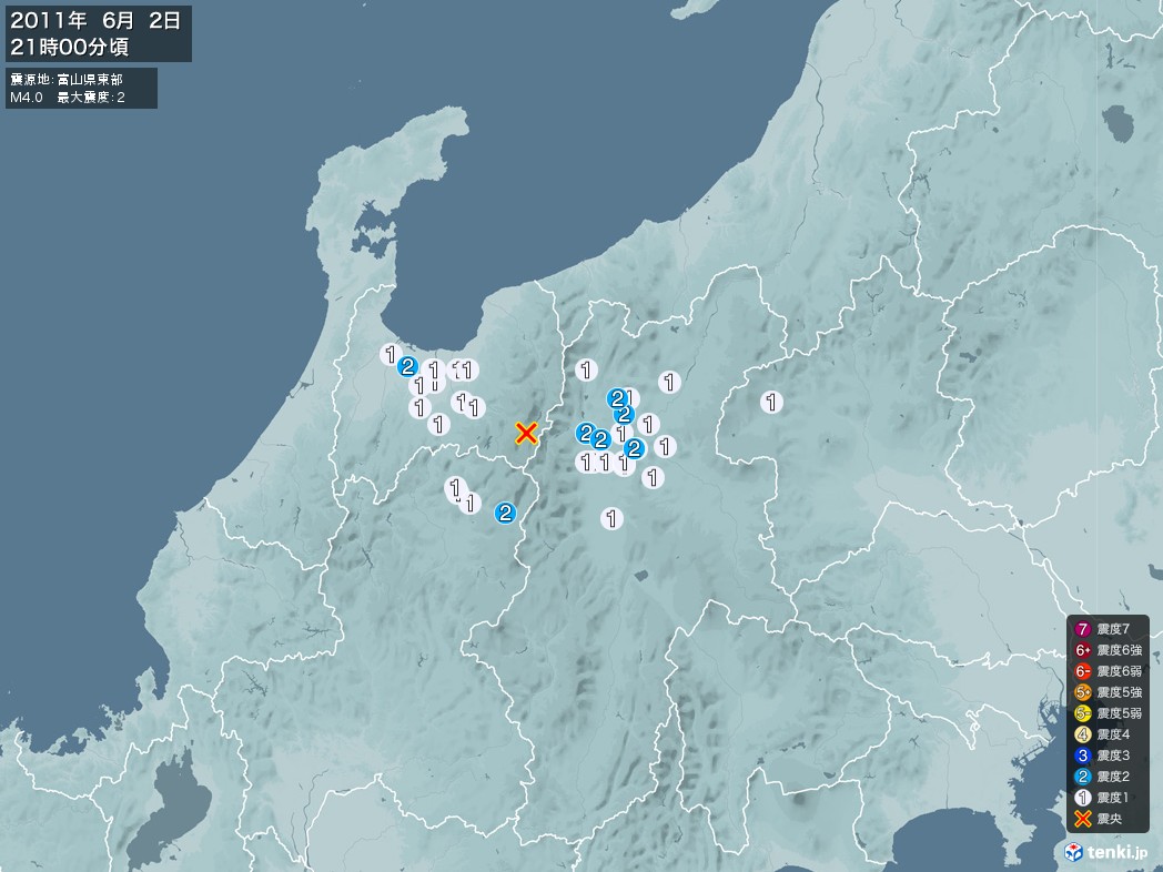 地震情報 2011年06月02日 21時00分頃発生 最大震度：2 震源地：富山県東部(拡大画像)