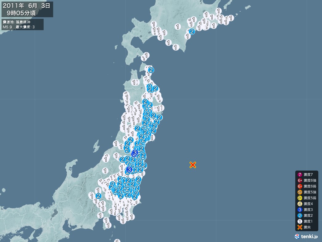 地震情報 2011年06月03日 09時05分頃発生 最大震度：3 震源地：福島県沖(拡大画像)