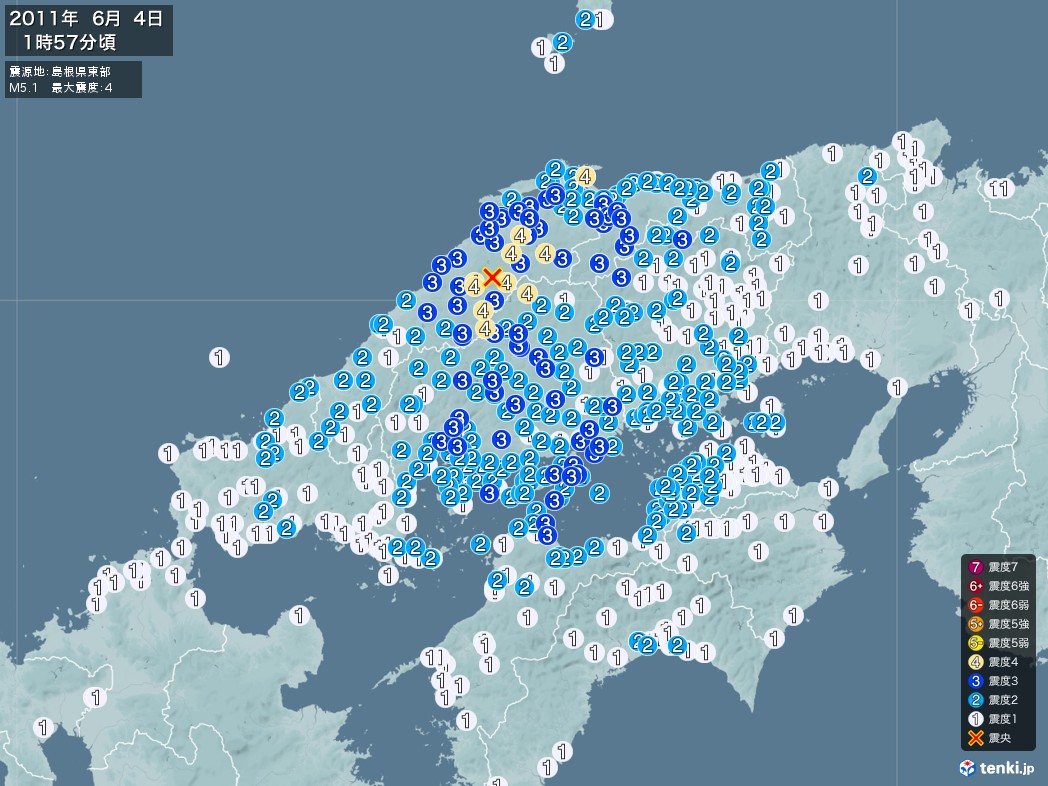 地震情報 2011年06月04日 01時57分頃発生 最大震度：4 震源地：島根県東部(拡大画像)