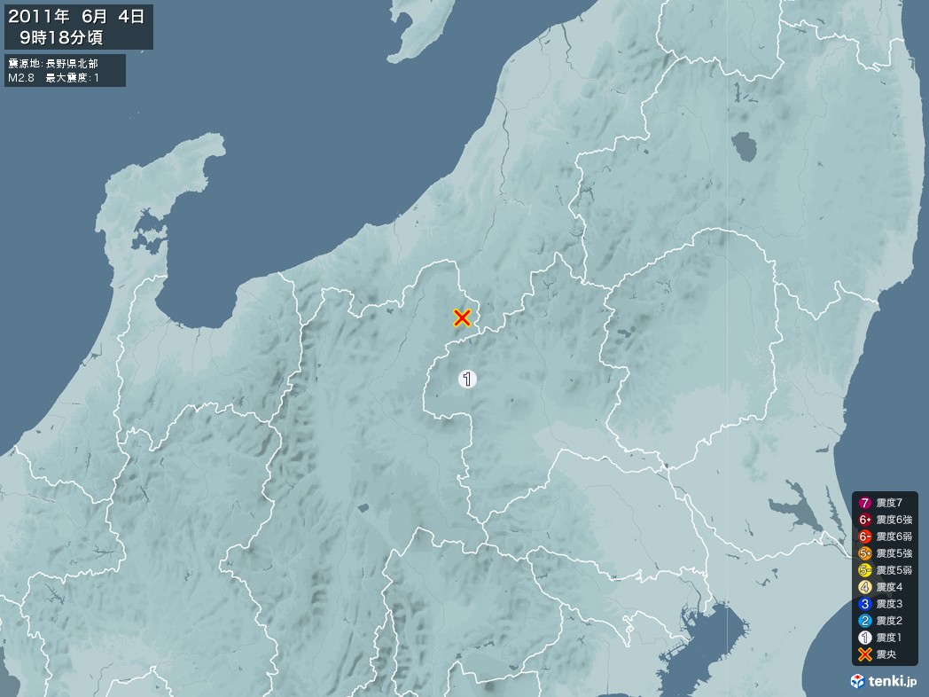 地震情報 2011年06月04日 09時18分頃発生 最大震度：1 震源地：長野県北部(拡大画像)