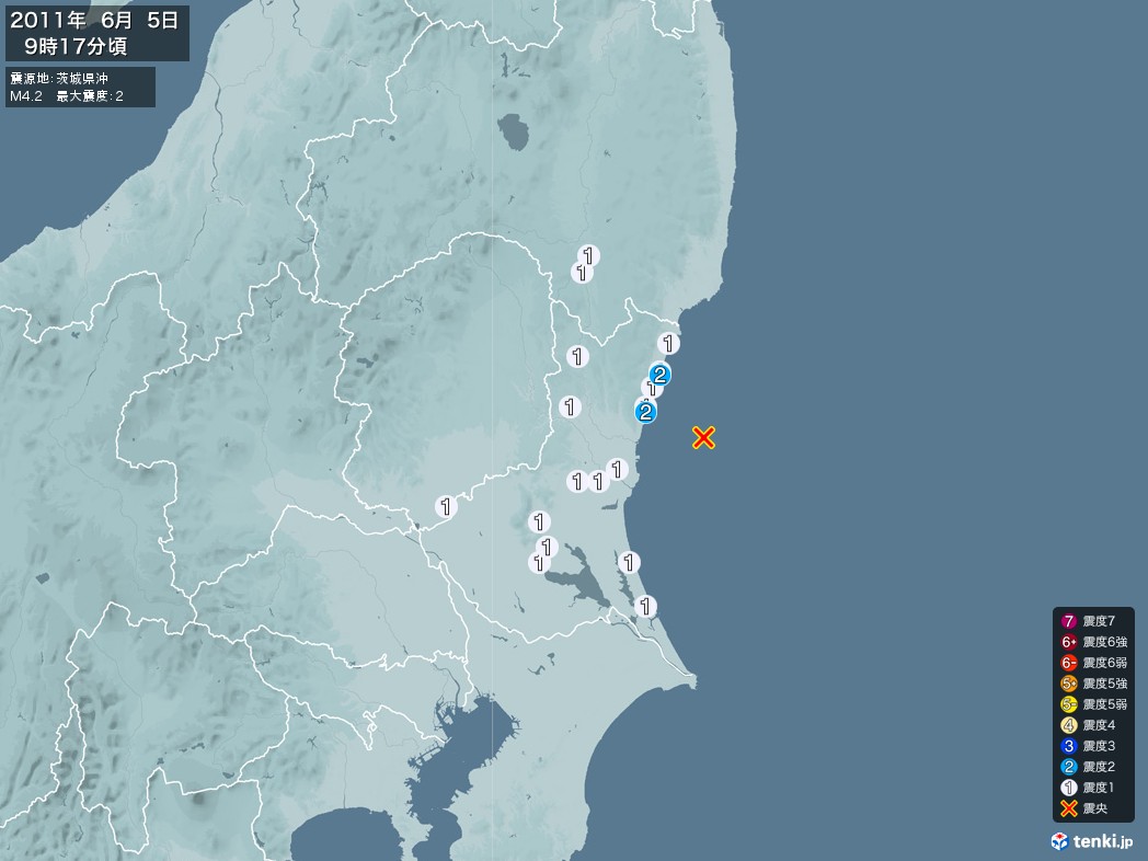 地震情報 2011年06月05日 09時17分頃発生 最大震度：2 震源地：茨城県沖(拡大画像)