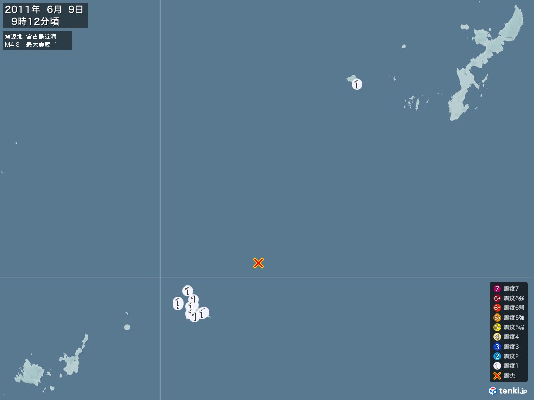 地震情報 2011年06月09日 09時12分頃発生 最大震度：1 震源地：宮古島近海(拡大画像)