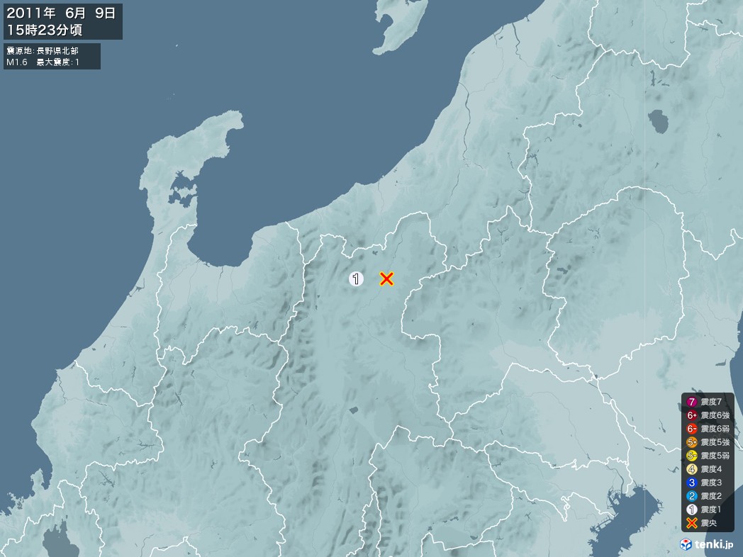 地震情報 2011年06月09日 15時23分頃発生 最大震度：1 震源地：長野県北部(拡大画像)