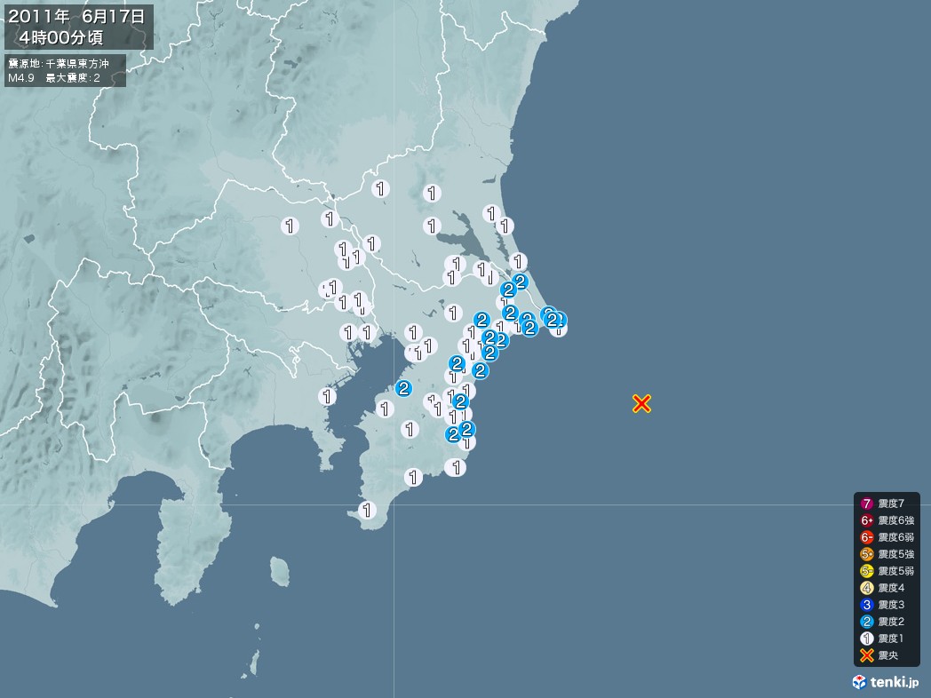 地震情報 2011年06月17日 04時00分頃発生 最大震度：2 震源地：千葉県東方沖(拡大画像)
