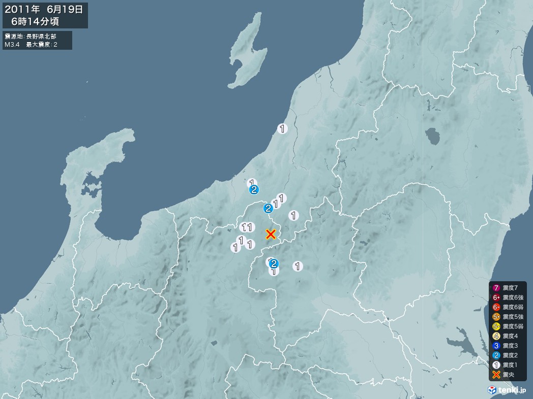 地震情報 2011年06月19日 06時14分頃発生 最大震度：2 震源地：長野県北部(拡大画像)