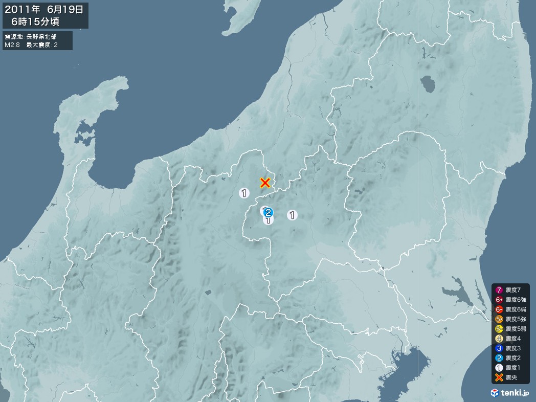 地震情報 2011年06月19日 06時15分頃発生 最大震度：2 震源地：長野県北部(拡大画像)