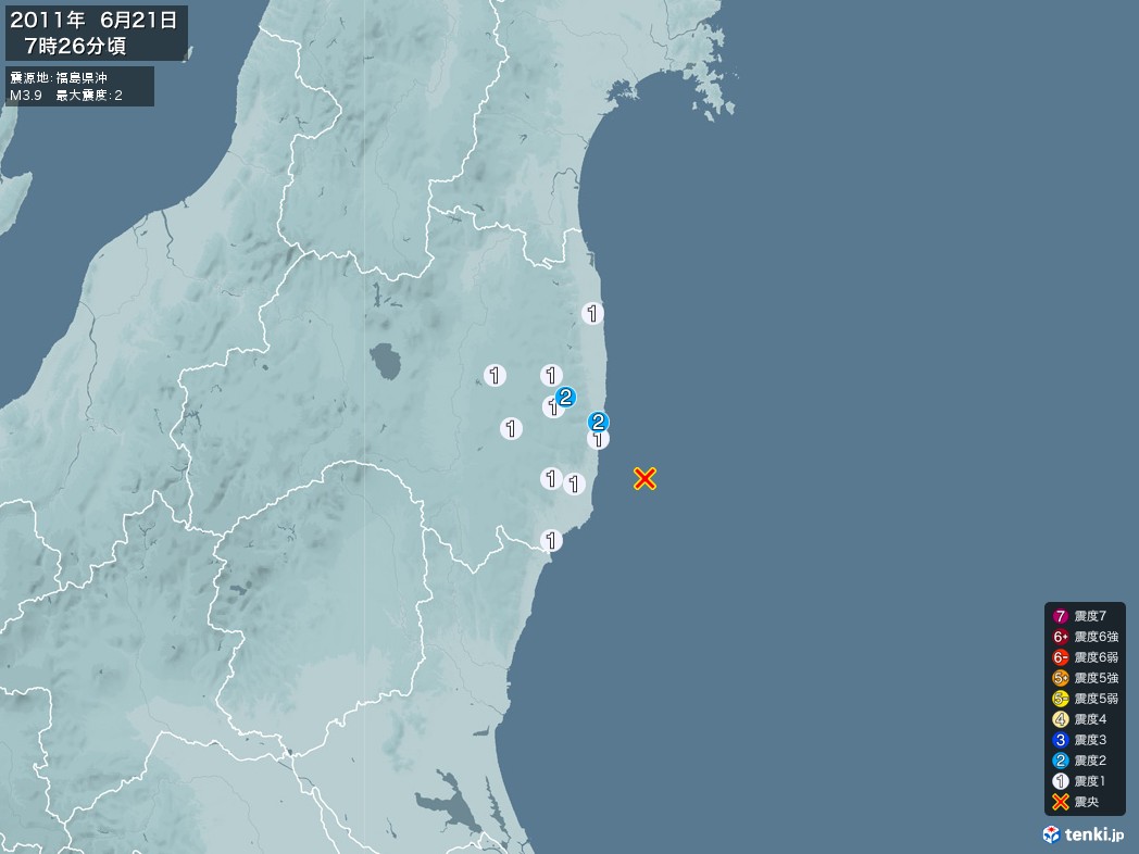地震情報 2011年06月21日 07時26分頃発生 最大震度：2 震源地：福島県沖(拡大画像)
