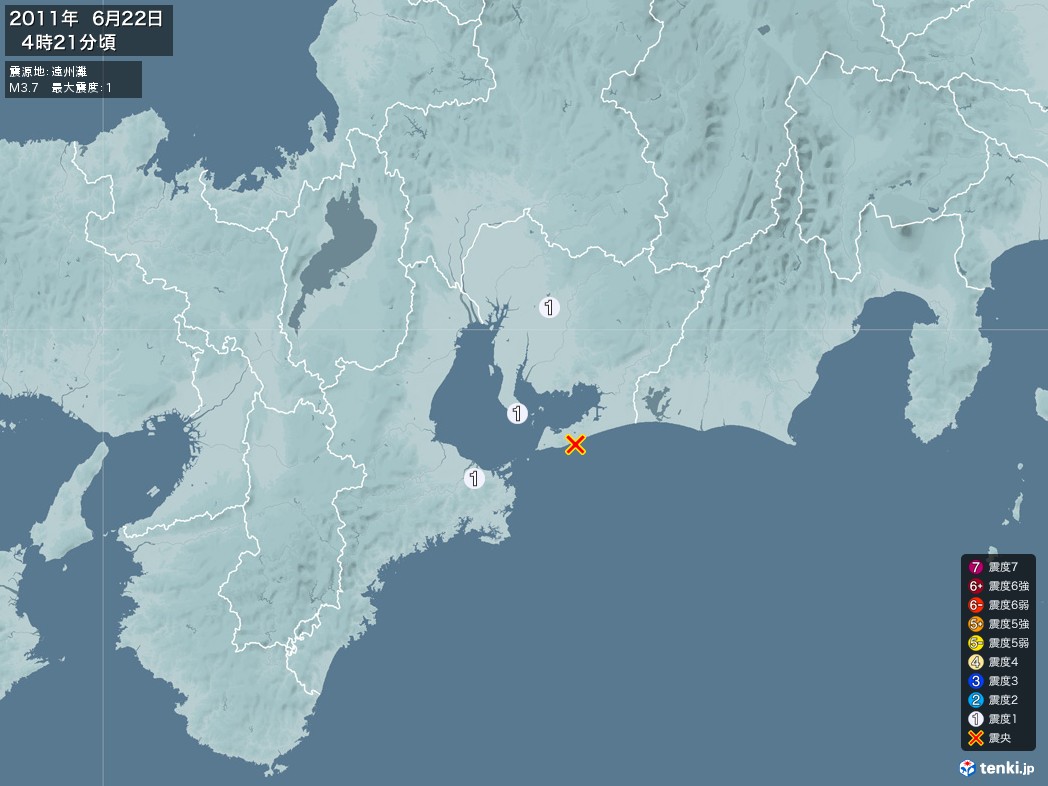 地震情報 2011年06月22日 04時21分頃発生 最大震度：1 震源地：遠州灘(拡大画像)