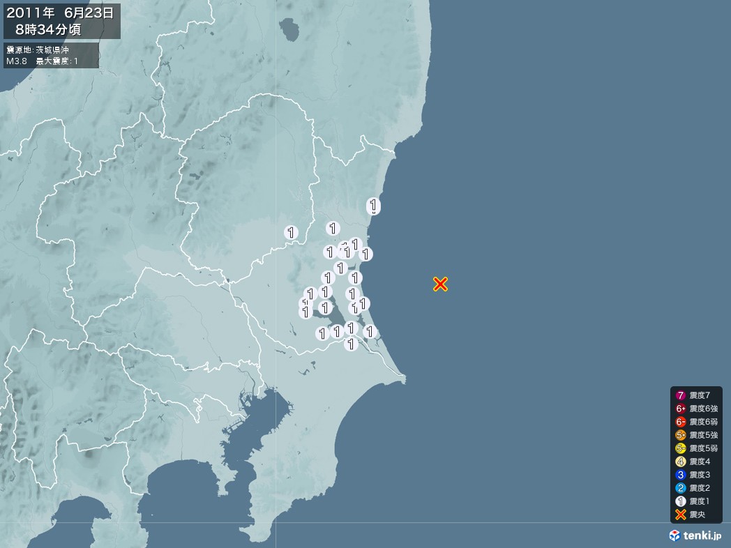 地震情報 2011年06月23日 08時34分頃発生 最大震度：1 震源地：茨城県沖(拡大画像)