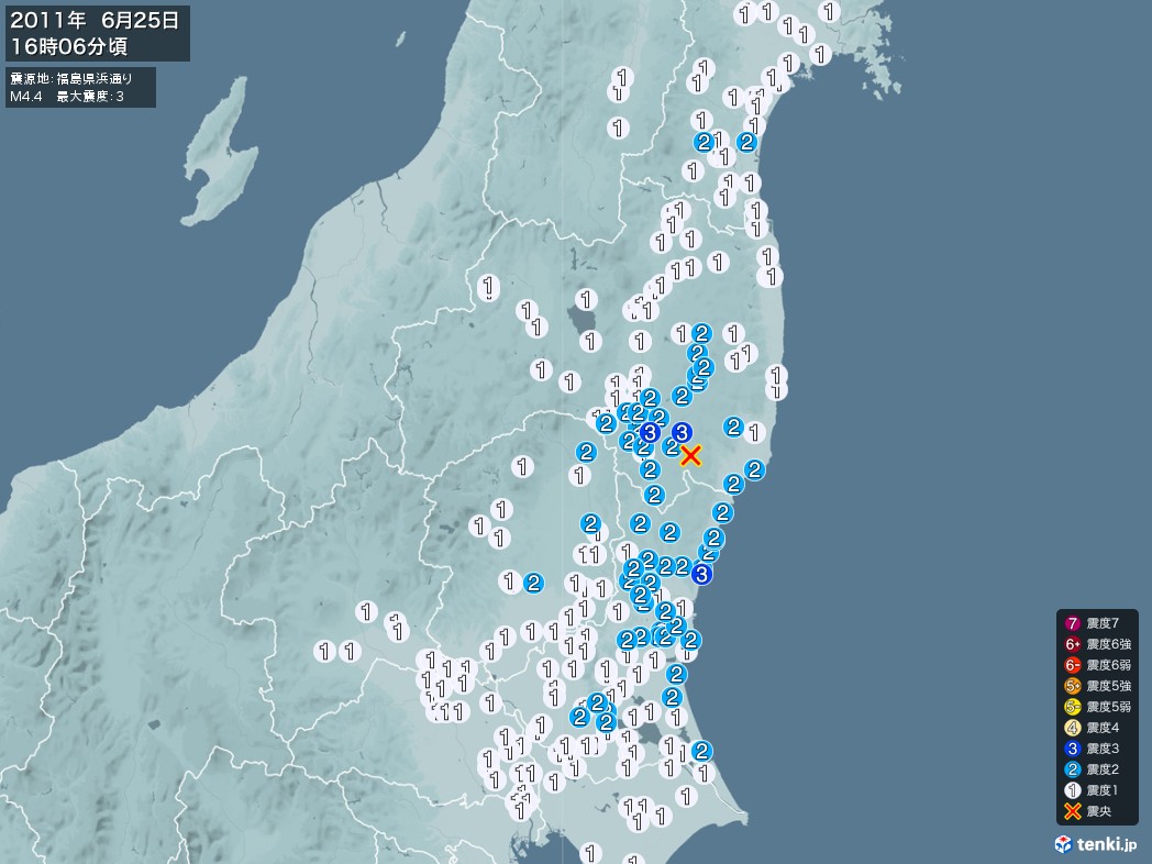 地震情報 2011年06月25日 16時06分頃発生 最大震度：3 震源地：福島県浜通り(拡大画像)