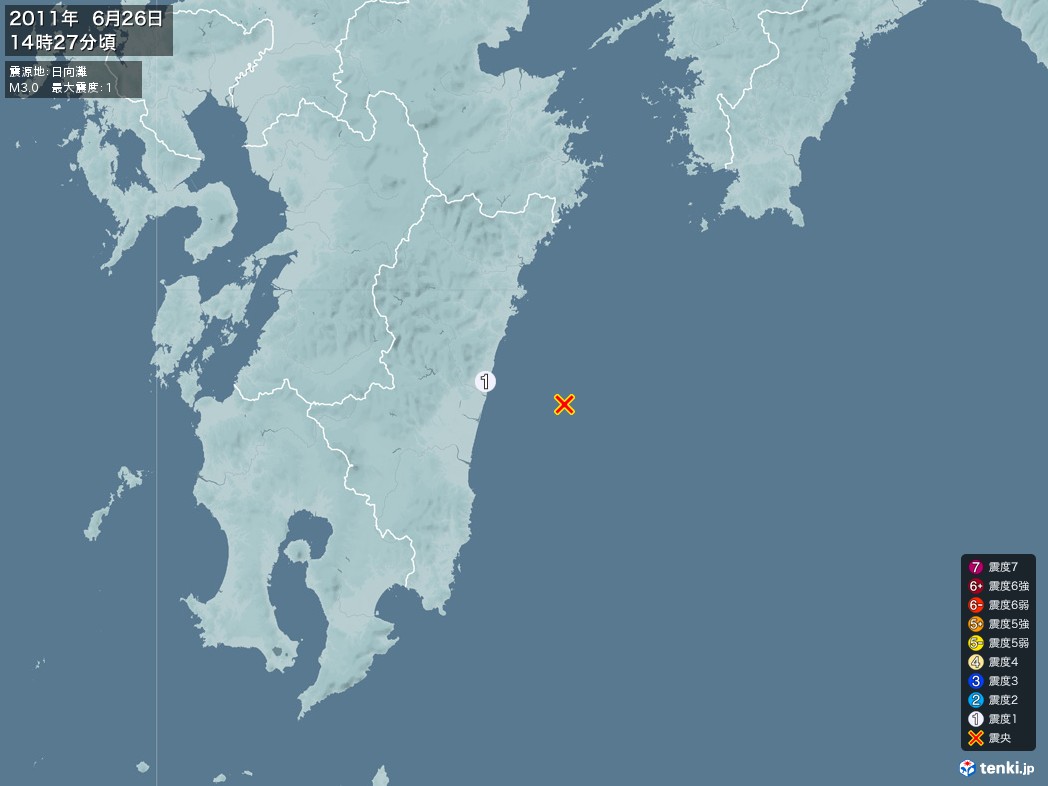地震情報 2011年06月26日 14時27分頃発生 最大震度：1 震源地：日向灘(拡大画像)