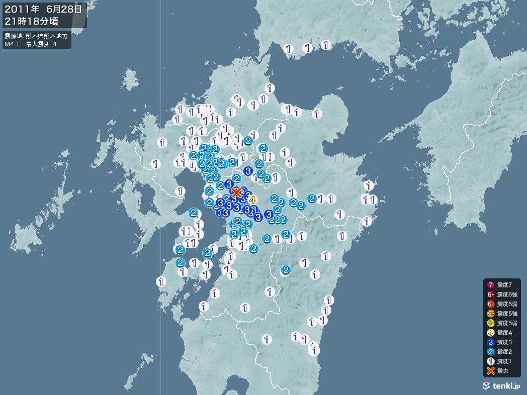 地震情報 2011年06月28日 21時18分頃発生 最大震度：4 震源地：熊本県熊本地方(拡大画像)