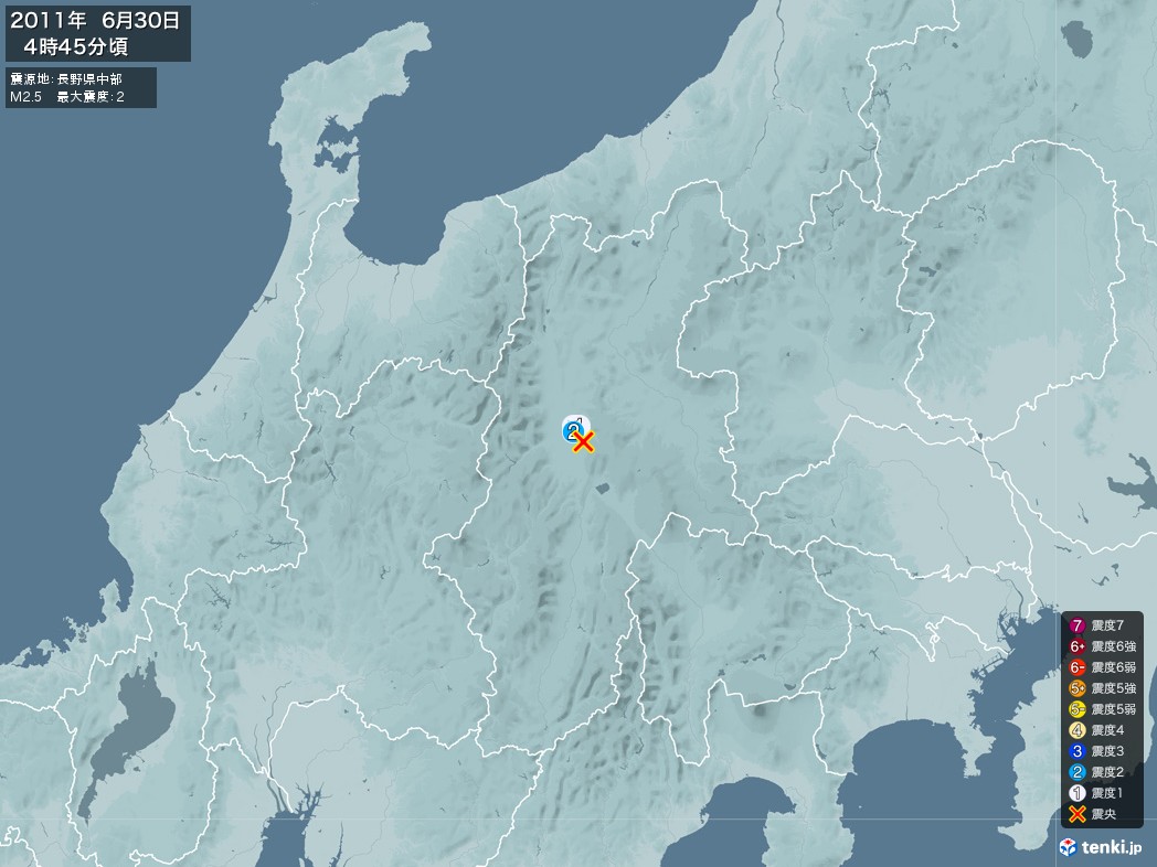 地震情報 2011年06月30日 04時45分頃発生 最大震度：2 震源地：長野県中部(拡大画像)