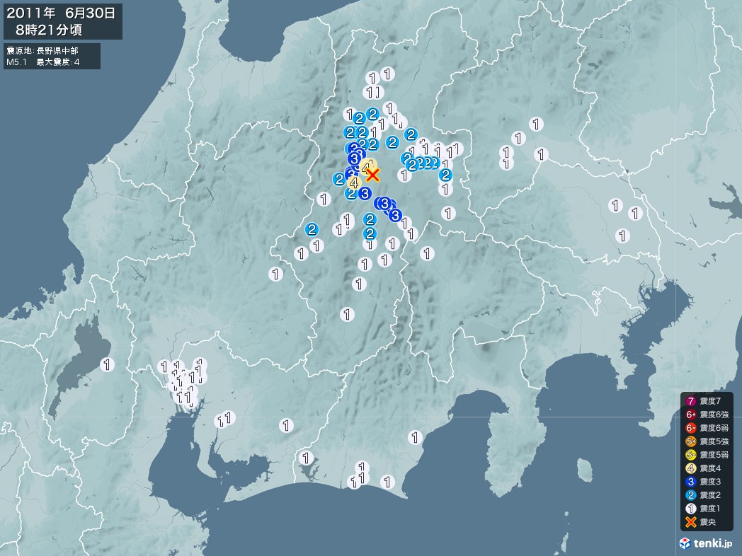 地震情報 2011年06月30日 08時21分頃発生 最大震度：4 震源地：長野県中部(拡大画像)