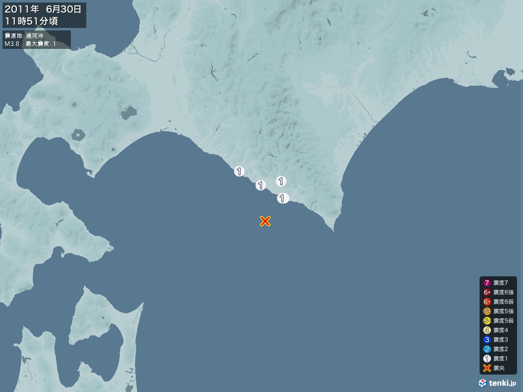 地震情報 2011年06月30日 11時51分頃発生 最大震度：1 震源地：浦河沖(拡大画像)