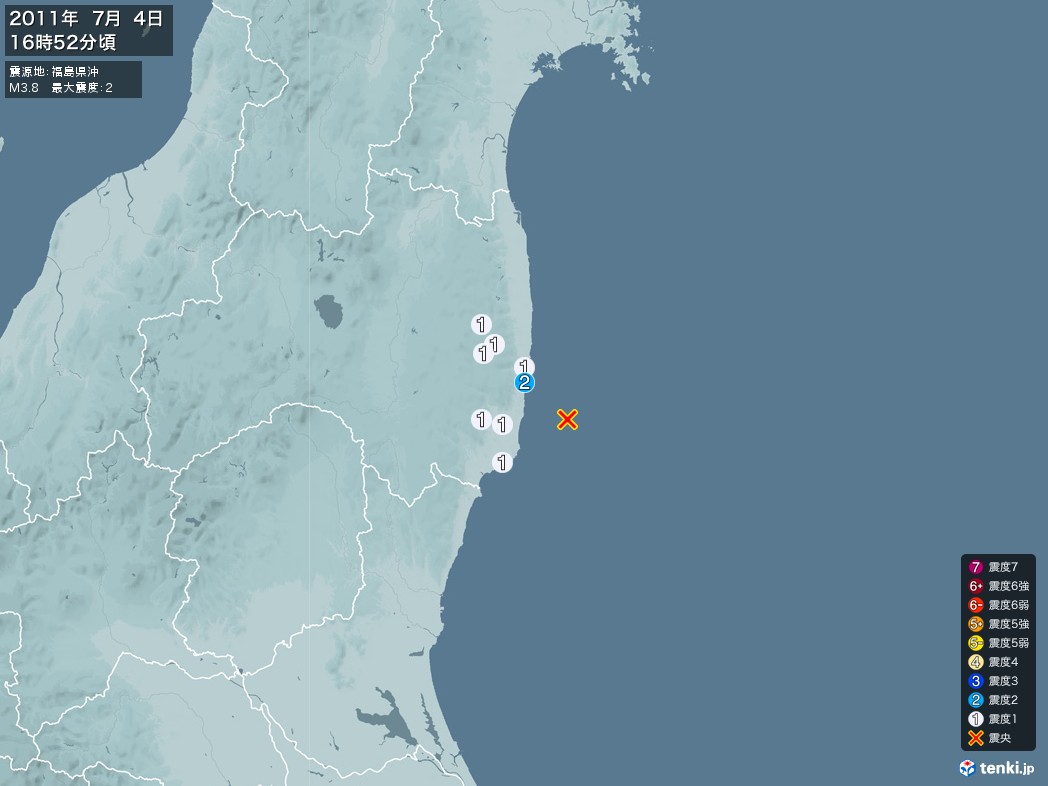 地震情報 2011年07月04日 16時52分頃発生 最大震度：2 震源地：福島県沖(拡大画像)