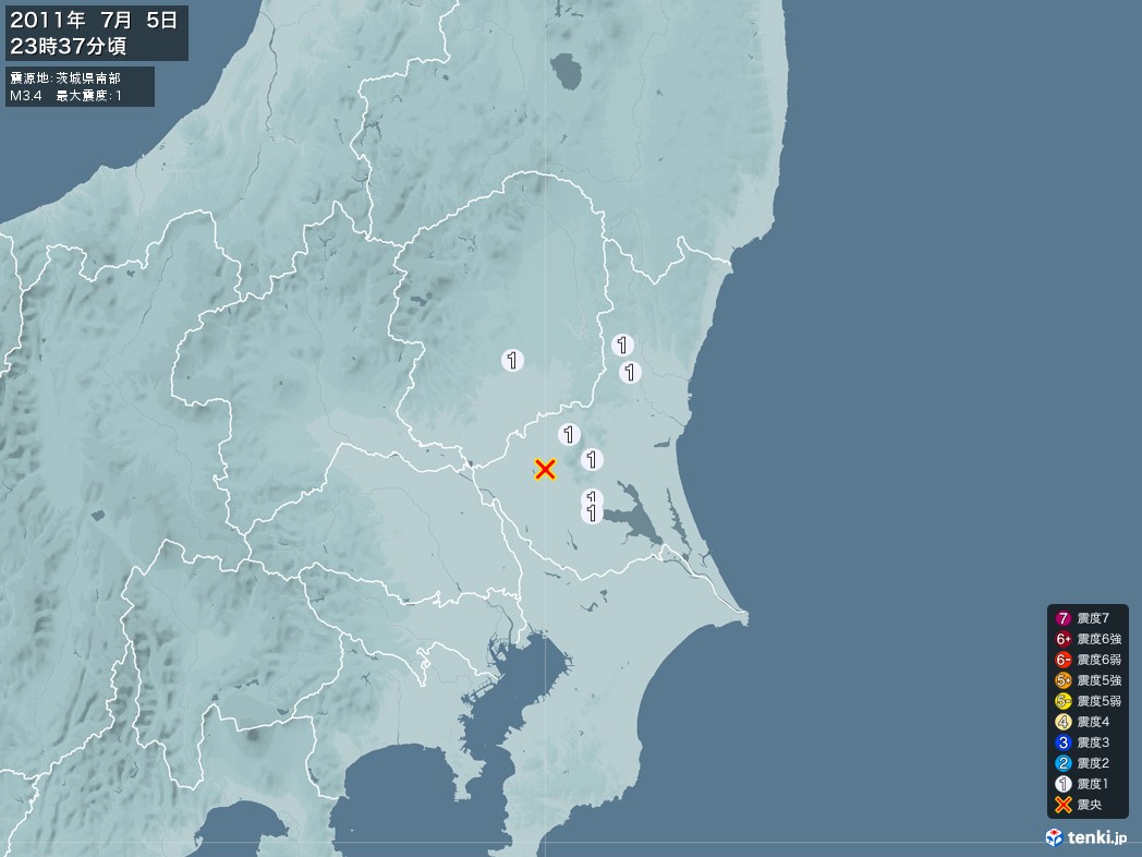 地震情報 2011年07月05日 23時37分頃発生 最大震度：1 震源地：茨城県南部(拡大画像)