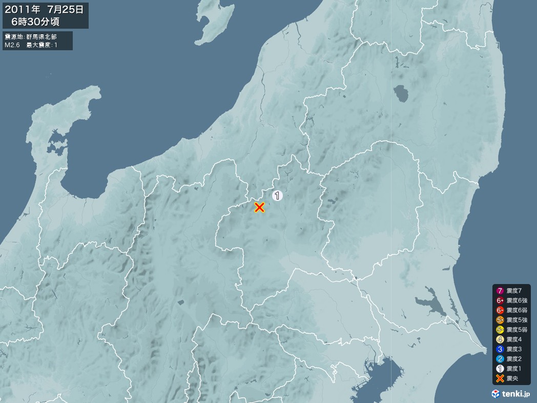 地震情報 2011年07月25日 06時30分頃発生 最大震度：1 震源地：群馬県北部(拡大画像)