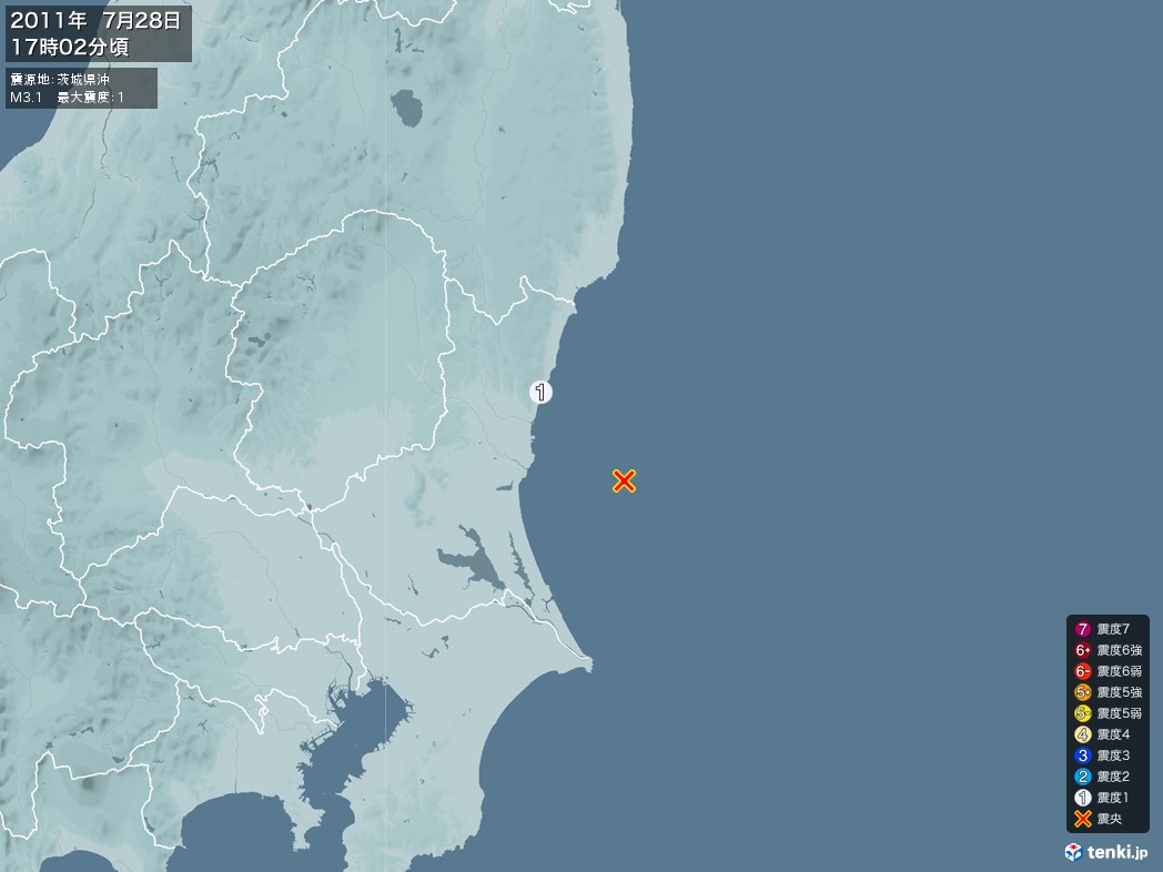 地震情報 2011年07月28日 17時02分頃発生 最大震度：1 震源地：茨城県沖(拡大画像)