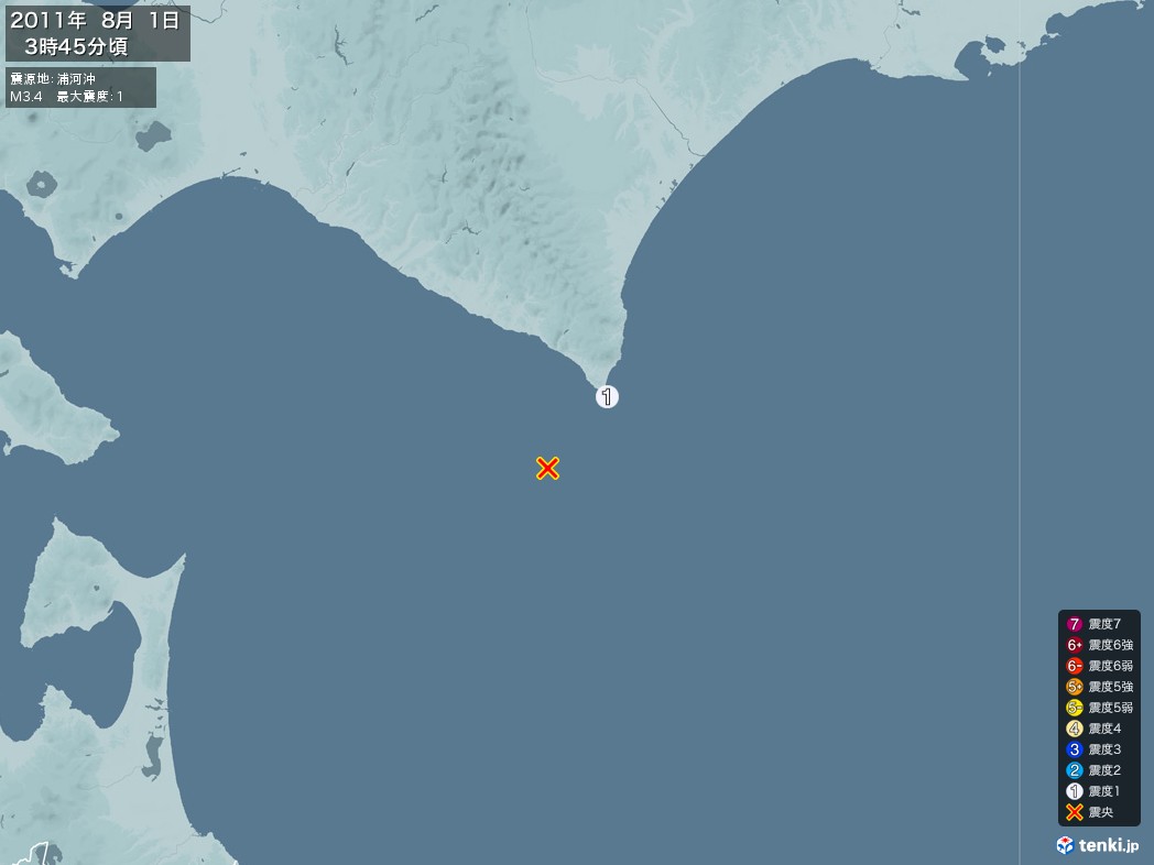 地震情報 2011年08月01日 03時45分頃発生 最大震度：1 震源地：浦河沖(拡大画像)