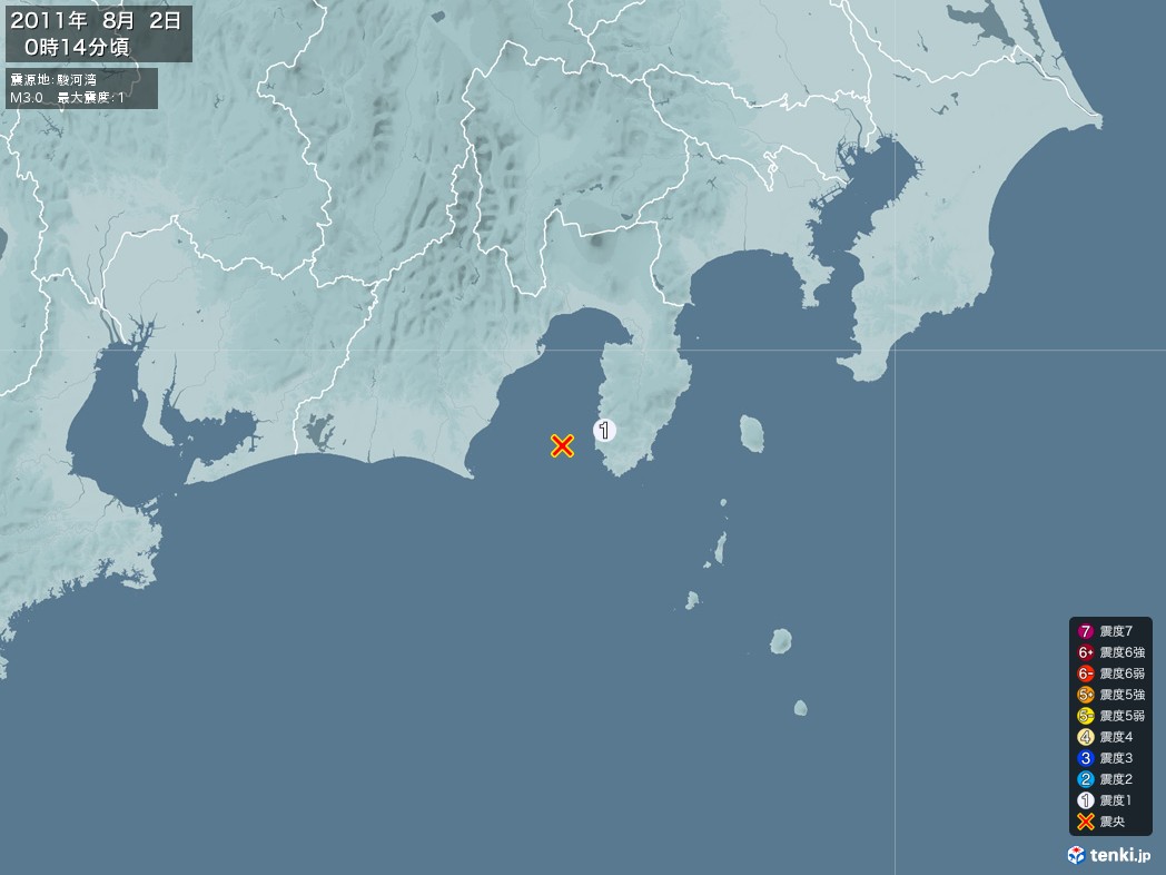 地震情報 2011年08月02日 00時14分頃発生 最大震度：1 震源地：駿河湾(拡大画像)