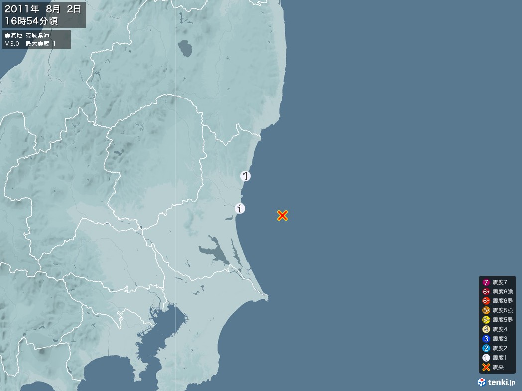 地震情報 2011年08月02日 16時54分頃発生 最大震度：1 震源地：茨城県沖(拡大画像)