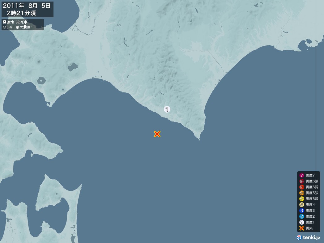 地震情報 2011年08月05日 02時21分頃発生 最大震度：1 震源地：浦河沖(拡大画像)