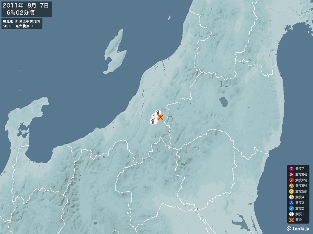 地震情報 2011年08月07日 06時02分頃発生 最大震度：1 震源地：新潟県中越地方(拡大画像)