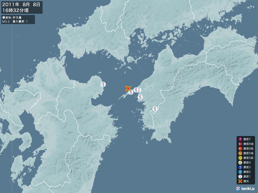 地震情報 2011年08月08日 16時32分頃発生 最大震度：1 震源地：伊予灘(拡大画像)