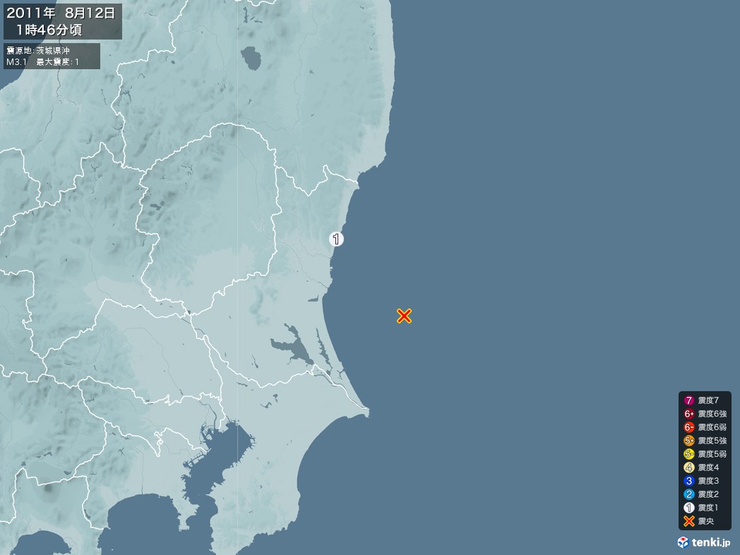 地震情報 2011年08月12日 01時46分頃発生 最大震度：1 震源地：茨城県沖(拡大画像)