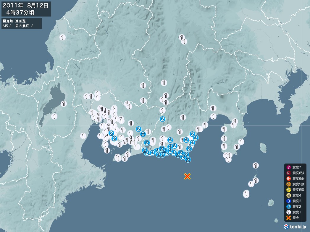 地震情報 2011年08月12日 04時37分頃発生 最大震度：2 震源地：遠州灘(拡大画像)