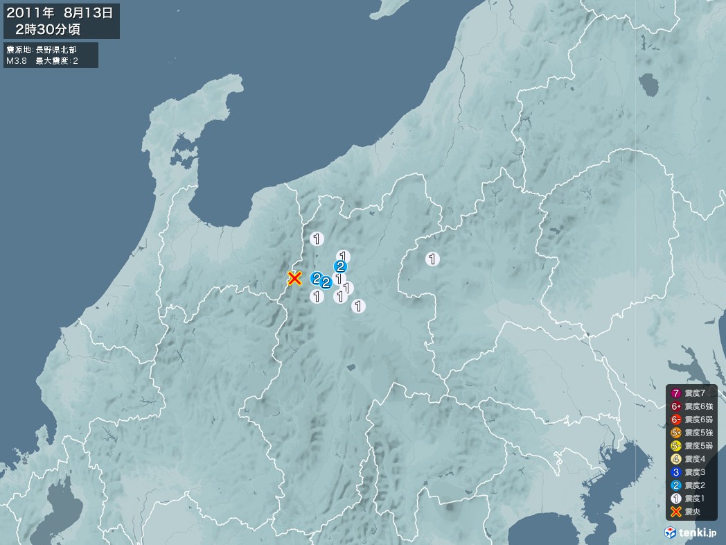地震情報 2011年08月13日 02時30分頃発生 最大震度：2 震源地：長野県北部(拡大画像)