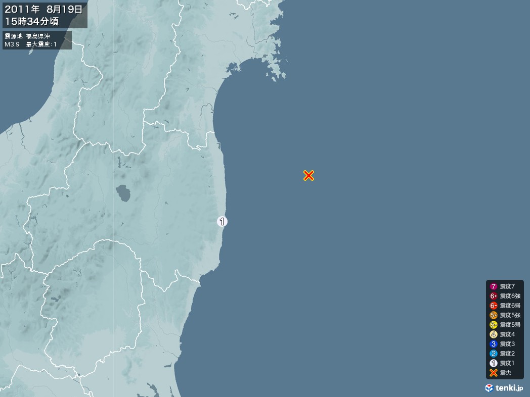 地震情報 2011年08月19日 15時34分頃発生 最大震度：1 震源地：福島県沖(拡大画像)