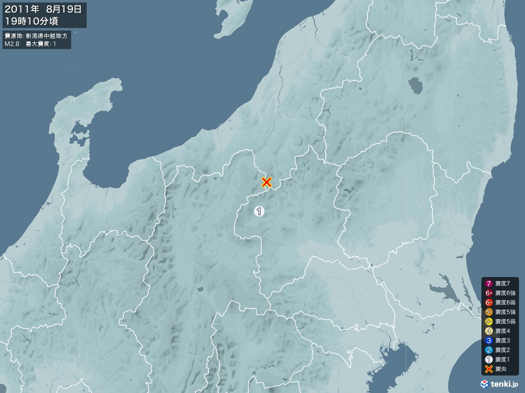 地震情報 2011年08月19日 19時10分頃発生 最大震度：1 震源地：新潟県中越地方(拡大画像)