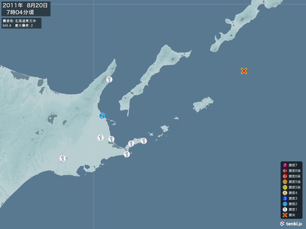 地震情報 2011年08月20日 07時04分頃発生 最大震度：2 震源地：北海道東方沖(拡大画像)