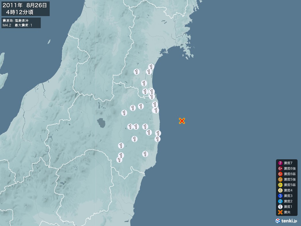 地震情報 2011年08月26日 04時12分頃発生 最大震度：1 震源地：福島県沖(拡大画像)