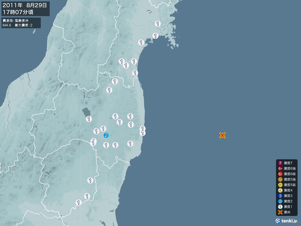 地震情報 2011年08月29日 17時07分頃発生 最大震度：2 震源地：福島県沖(拡大画像)