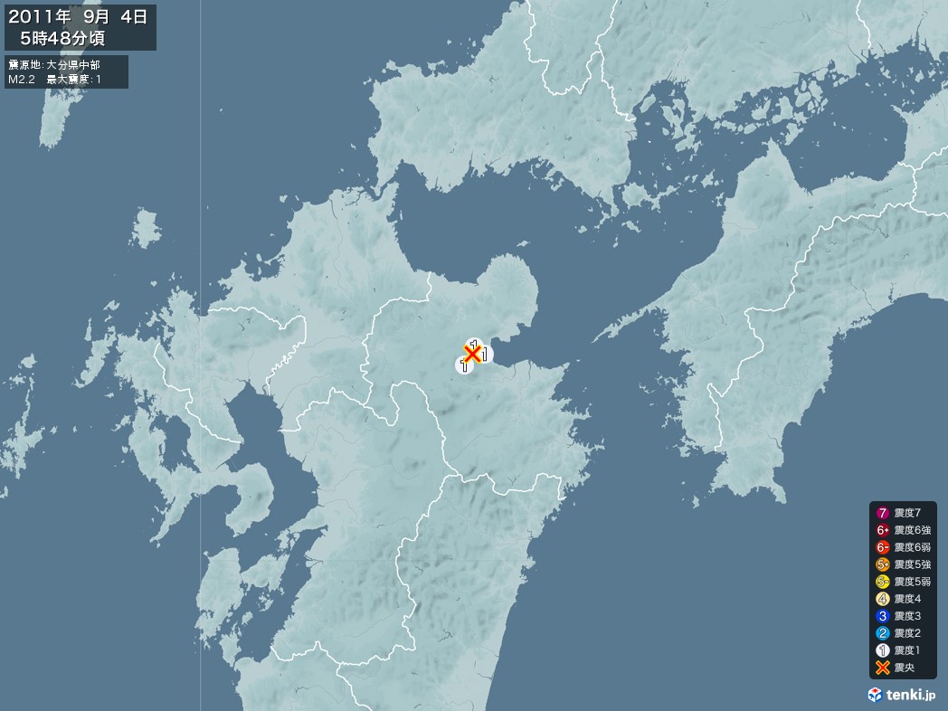 地震情報 2011年09月04日 05時48分頃発生 最大震度：1 震源地：大分県中部(拡大画像)