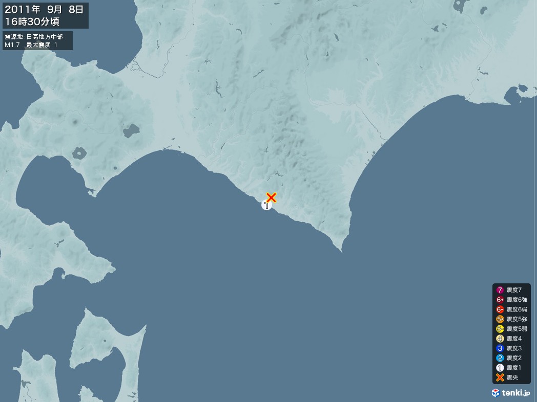 地震情報 2011年09月08日 16時30分頃発生 最大震度：1 震源地：日高地方中部(拡大画像)